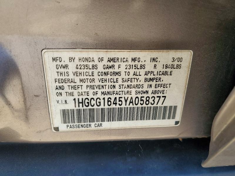 2000 Honda Accord მანქანა იყიდება აუქციონზე, vin: 1HGCG1645YA058377, აუქციონის ნომერი: 59340986