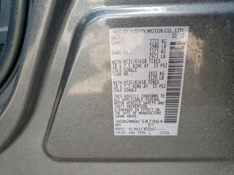 Продаж на аукціоні авто 2019 Nissan Pathfinder, vin: 5N1DR2MM6KC587964, номер лоту: 59680726