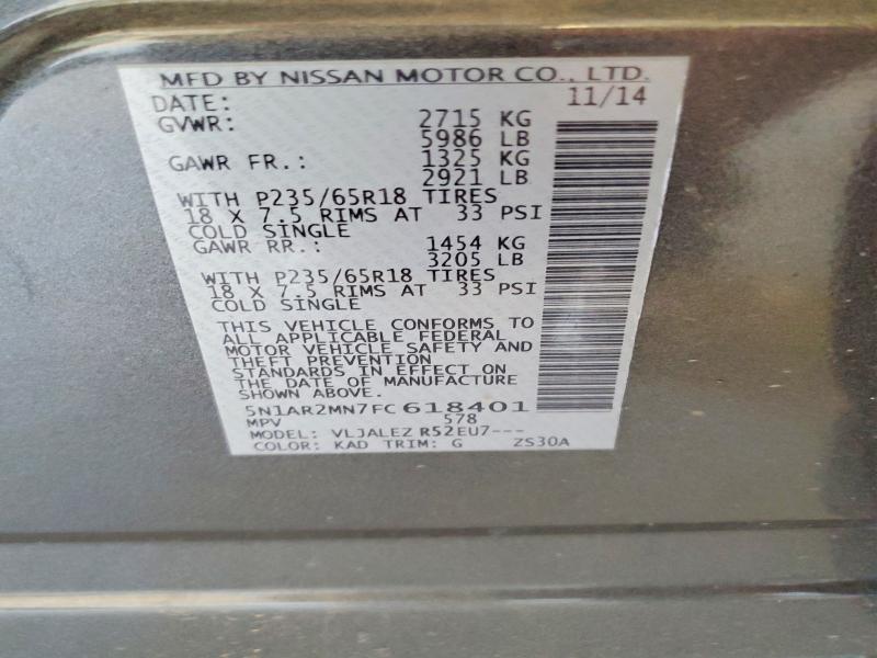 2015 Nissan Pathfinder მანქანა იყიდება აუქციონზე, vin: 5N1AR2MN7FC618401, აუქციონის ნომერი: 60771176