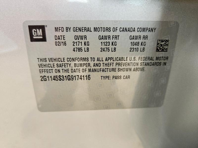 61550936 :رقم المزاد ، 2G1145S31G9174116 vin ، 2016 Chevrolet Impala مزاد بيع