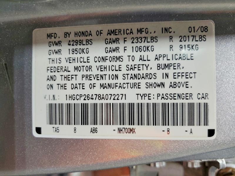 2008 Honda Accord მანქანა იყიდება აუქციონზე, vin: 1HGCP26478A072271, აუქციონის ნომერი: 61279956