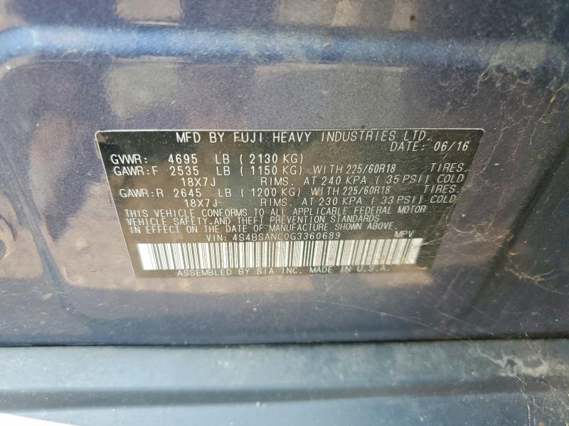 2016 Subaru Outback მანქანა იყიდება აუქციონზე, vin: 4S4BSANC0G3360689, აუქციონის ნომერი: 60968386