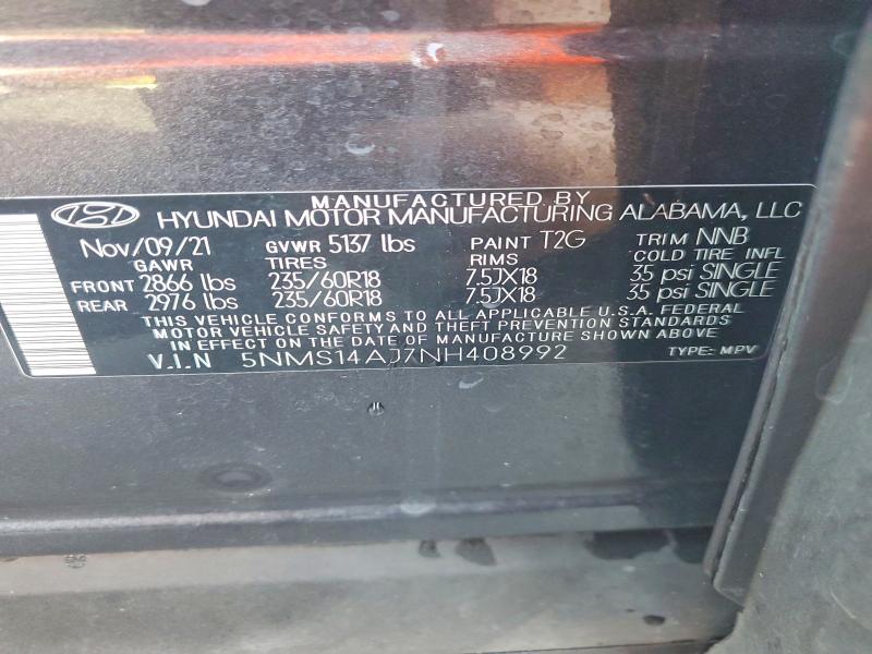 2022 Hyundai Santa Fe მანქანა იყიდება აუქციონზე, vin: 5NMS14AJ7NH408992, აუქციონის ნომერი: 60869706