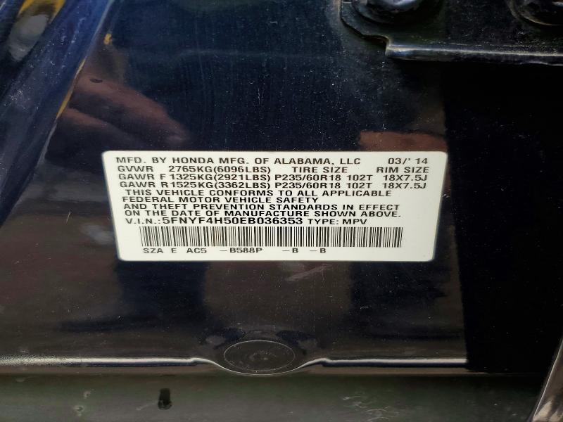 59743206 :رقم المزاد ، 5FNYF4H50EB036353 vin ، 2014 Honda Pilot مزاد بيع
