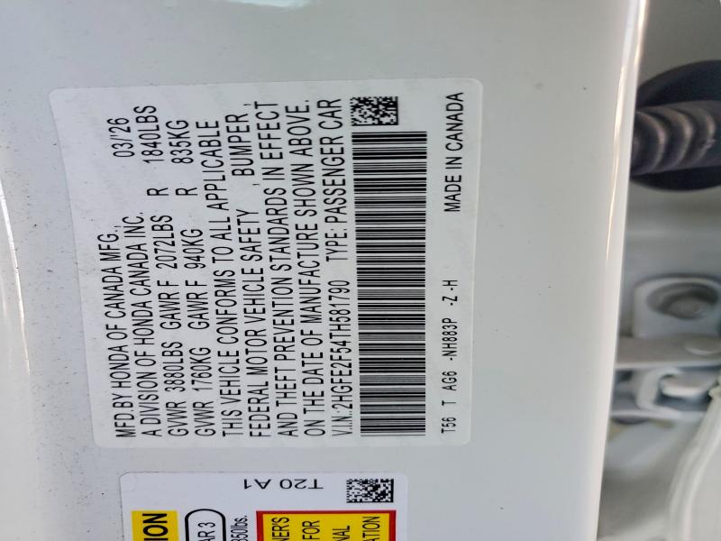 Продаж на аукціоні авто 2026 Honda Civic, vin: 2HGFE2F54TH581790, номер лоту: 61907246