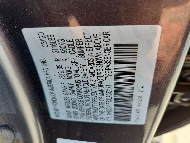 60609186 :رقم المزاد ، 1HGCV1F33LA083171 vin ، 2020 Honda Accord مزاد بيع