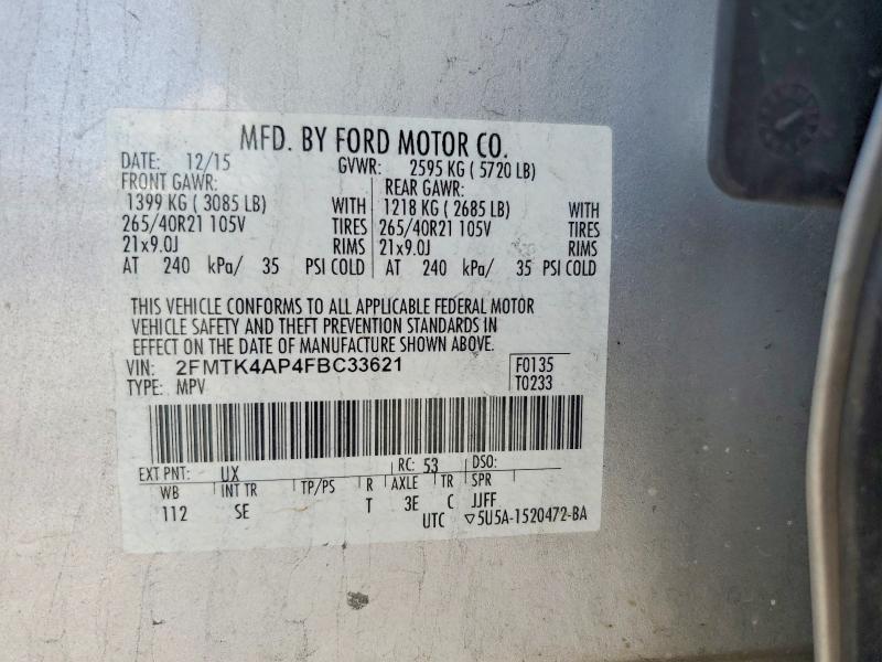 2015 Ford Edge მანქანა იყიდება აუქციონზე, vin: 2FMTK4AP4FBC33621, აუქციონის ნომერი: 60249556