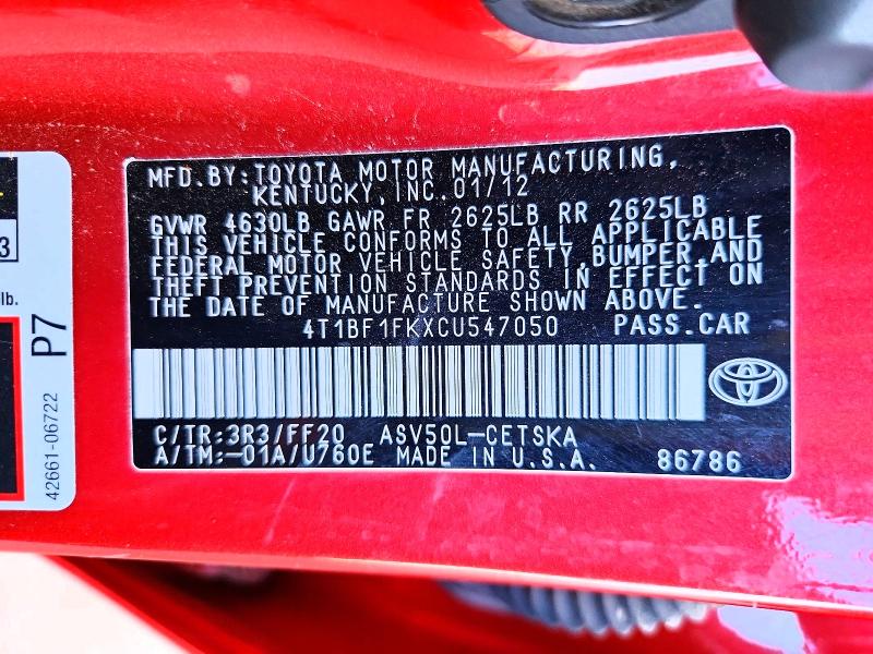 Aukcja sprzedaży 2012 Toyota Camry, vin: 4T1BF1FKXCU547050, numer aukcji: 59728126