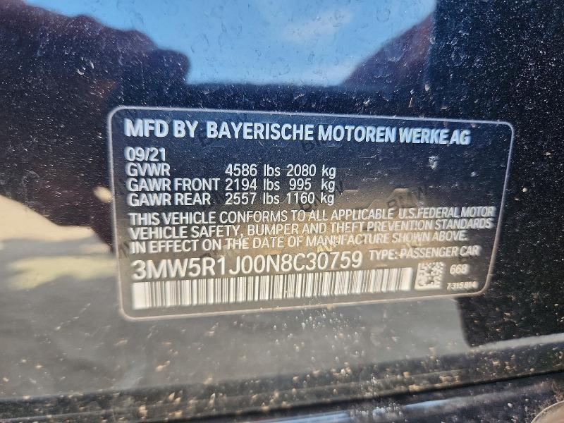 Продажа на аукционе авто 2022 Bmw 330i, vin: 3MW5R1J00N8C30759, номер лота: 60069686