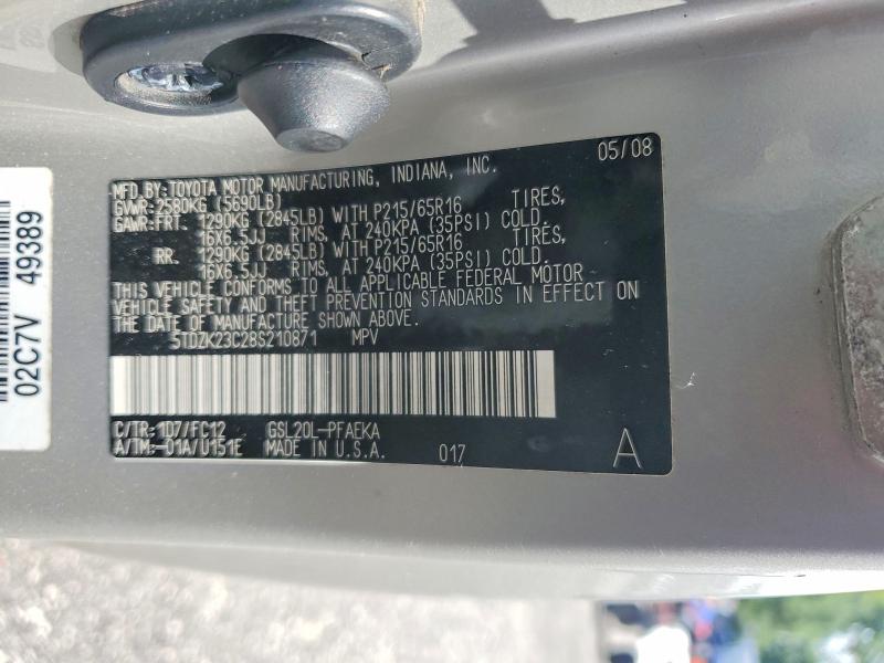 2008 Toyota Sienna მანქანა იყიდება აუქციონზე, vin: 5TDZK23C28S210871, აუქციონის ნომერი: 62058146