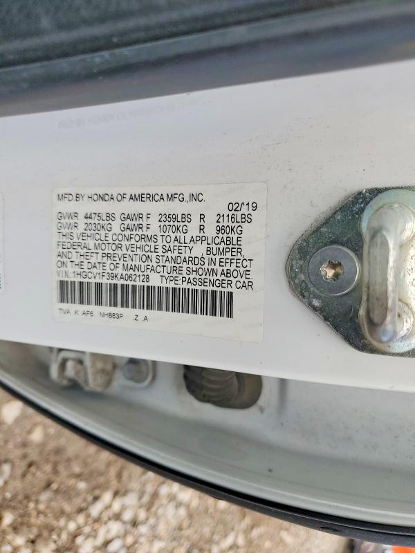 60050406 :رقم المزاد ، 1HGCV1F39KA062128 vin ، 2019 Honda Accord مزاد بيع
