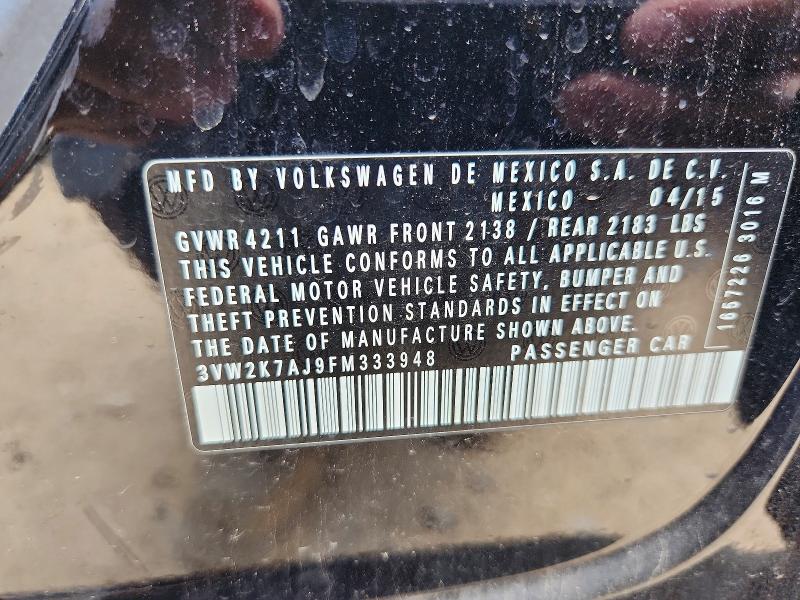 2015 Volkswagen Jetta მანქანა იყიდება აუქციონზე, vin: 3VW2K7AJ9FM333948, აუქციონის ნომერი: 62656356
