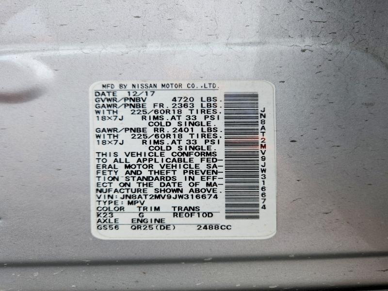 2018 Nissan Rogue მანქანა იყიდება აუქციონზე, vin: JN8AT2MV9JW316674, აუქციონის ნომერი: 60455326
