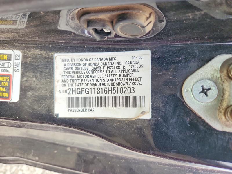 Aukcja sprzedaży 2006 Honda Civic, vin: 2HGFG11816H510203, numer aukcji: 61039376