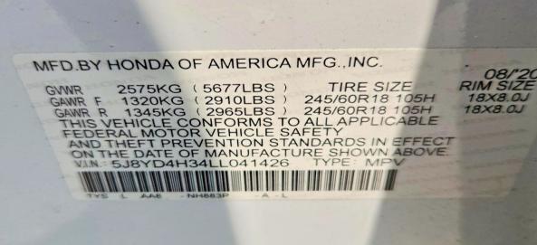 62712956 :رقم المزاد ، 5J8YD4H34LL041426 vin ، 2020 Acura Mdx مزاد بيع