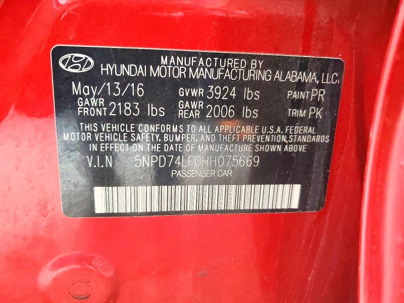 60451206 :رقم المزاد ، 5NPD74LF0HH075669 vin ، 2017 Hyundai Elantra مزاد بيع