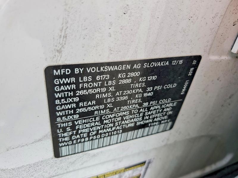Aukcja sprzedaży 2016 Volkswagen Touareg, vin: WVGEF9BP5GD011013, numer aukcji: 59639966