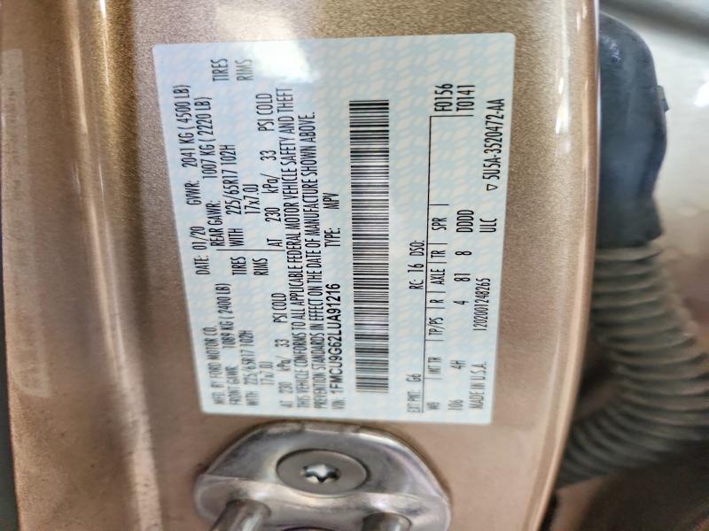 Продаж на аукціоні авто 2020 Ford Escape, vin: 1FMCU9G62LUA91216, номер лоту: 62621686