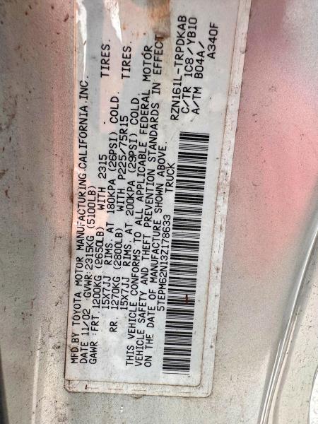 Auction sale of the 2003 Toyota Tacoma, vin: 5TEPM62N13Z178633, lot number: 62456646