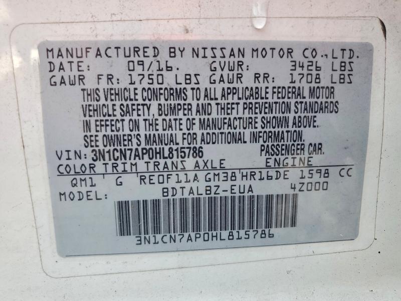 Продаж на аукціоні авто 2017 Nissan Versa, vin: 3N1CN7AP0HL815786, номер лоту: 62671396