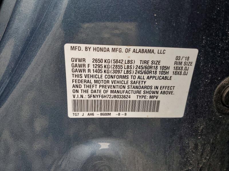 Продаж на аукціоні авто 2018 Honda Pilot, vin: 5FNYF6H72JB033624, номер лоту: 62146856