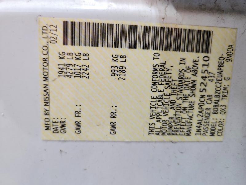 Продаж на аукціоні авто 2012 Nissan Altima, vin: 1N4AL2AP0CN524510, номер лоту: 61121366