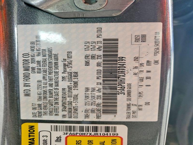 2018 Ford Fusion მანქანა იყიდება აუქციონზე, vin: 3FA6P0H7XJR104199, აუქციონის ნომერი: 60262446