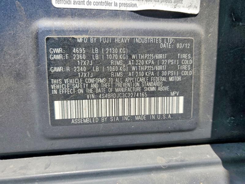60685856 :رقم المزاد ، 4S4BRDJC3C2274165 vin ، 2012 Subaru Outback مزاد بيع