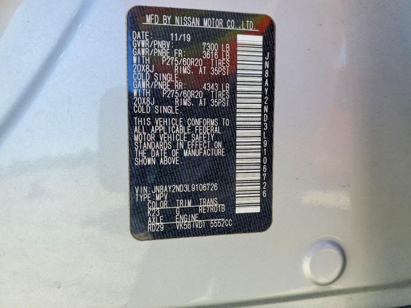 60224556 :رقم المزاد ، JN8AY2ND3L9106726 vin ، 2020 Nissan Armada مزاد بيع