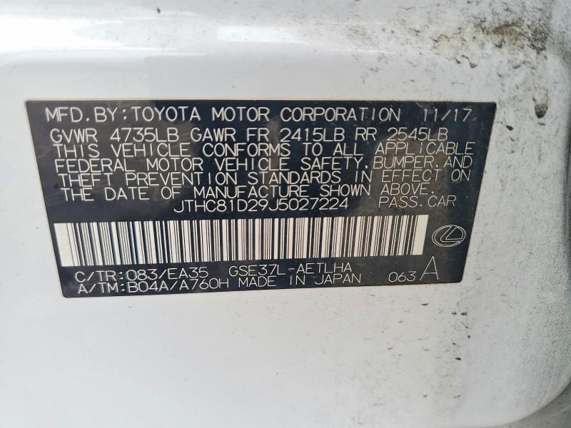 59806836 :رقم المزاد ، JTHC81D29J5027224 vin ، 2018 Lexus Is مزاد بيع