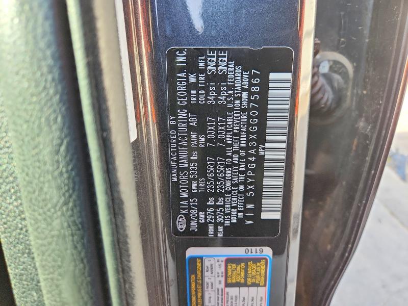 2016 Kia Sorento მანქანა იყიდება აუქციონზე, vin: 5XYPG4A3XGG075867, აუქციონის ნომერი: 62082266