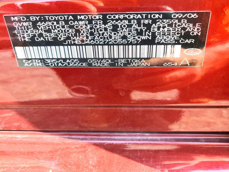 Aukcja sprzedaży 2007 Lexus Es, vin: JTHBJ46G272055757, numer aukcji: 62003856