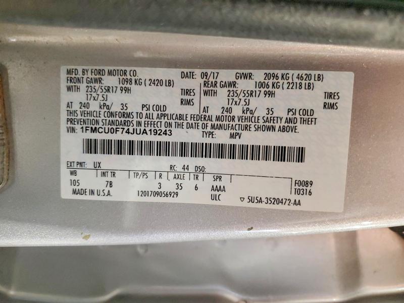 2018 Ford Escape მანქანა იყიდება აუქციონზე, vin: 1FMCU0F74JUA19243, აუქციონის ნომერი: 60280946