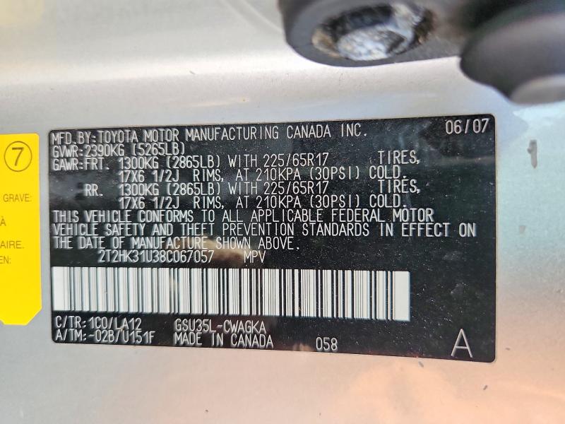 Auction sale of the 2008 Lexus Rx, vin: 2T2HK31U38C067057, lot number: 62868316