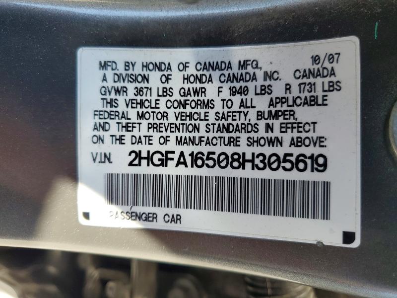 Auction sale of the 2008 Honda Civic, vin: 2HGFA16508H305619, lot number: 62229836