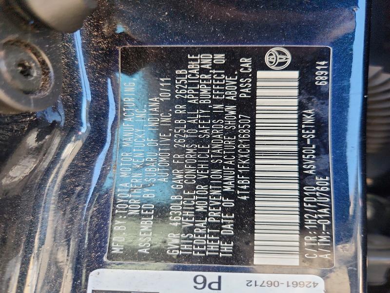 Aukcja sprzedaży 2012 Toyota Camry, vin: 4T4BF1FKXCR168507, numer aukcji: 61979636