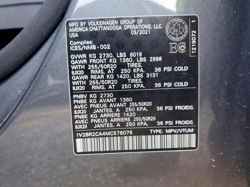 63163676 :رقم المزاد ، 1V2BR2CA4MC576076 vin ، 2021 Volkswagen Atlas مزاد بيع