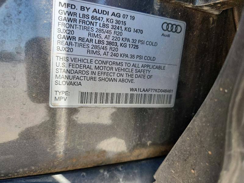 2019 Audi Q7 მანქანა იყიდება აუქციონზე, vin: WA1LAAF77KD048461, აუქციონის ნომერი: 62098156