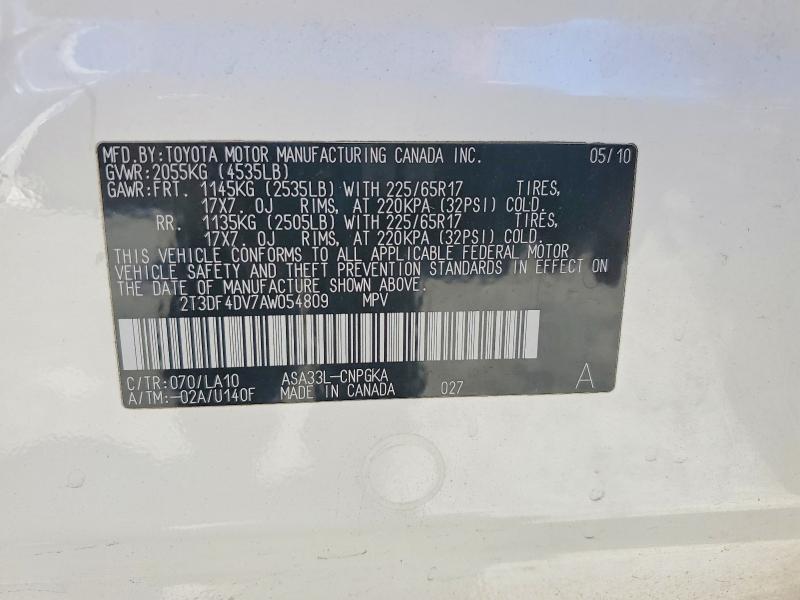 2010 Toyota Rav4 მანქანა იყიდება აუქციონზე, vin: 2T3DF4DV7AW054809, აუქციონის ნომერი: 62915226