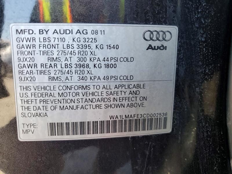 2012 Audi Q7 მანქანა იყიდება აუქციონზე, vin: WA1LMAFE3CD002536, აუქციონის ნომერი: 61362876