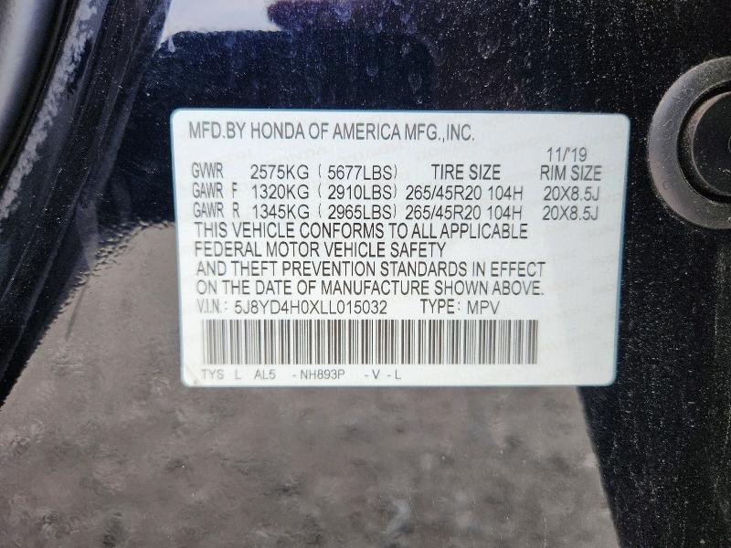 62463726 :رقم المزاد ، 5J8YD4H0XLL015032 vin ، 2020 Acura Mdx مزاد بيع