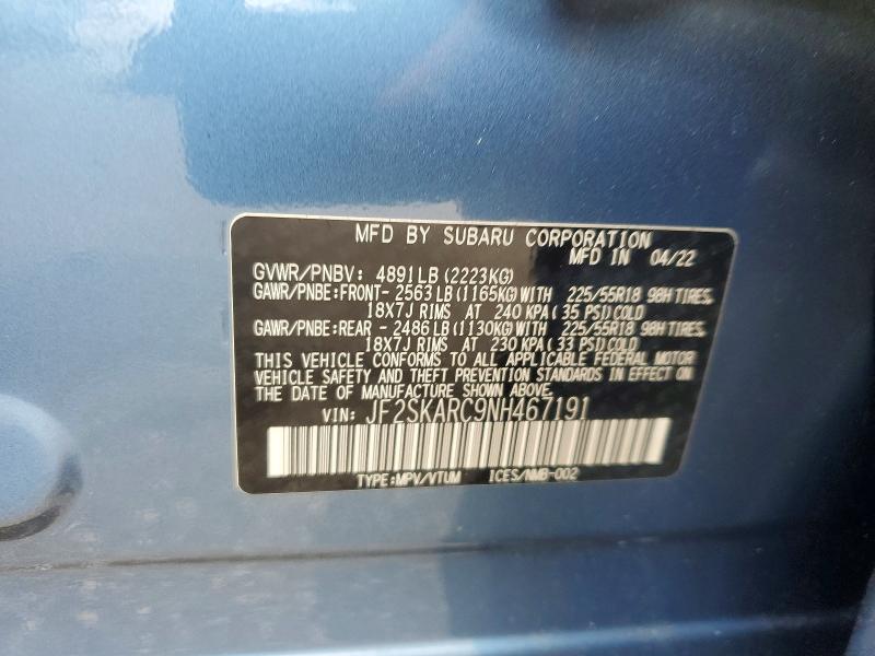 61016636 :رقم المزاد ، JF2SKARC9NH467191 vin ، 2022 Subaru Forester مزاد بيع