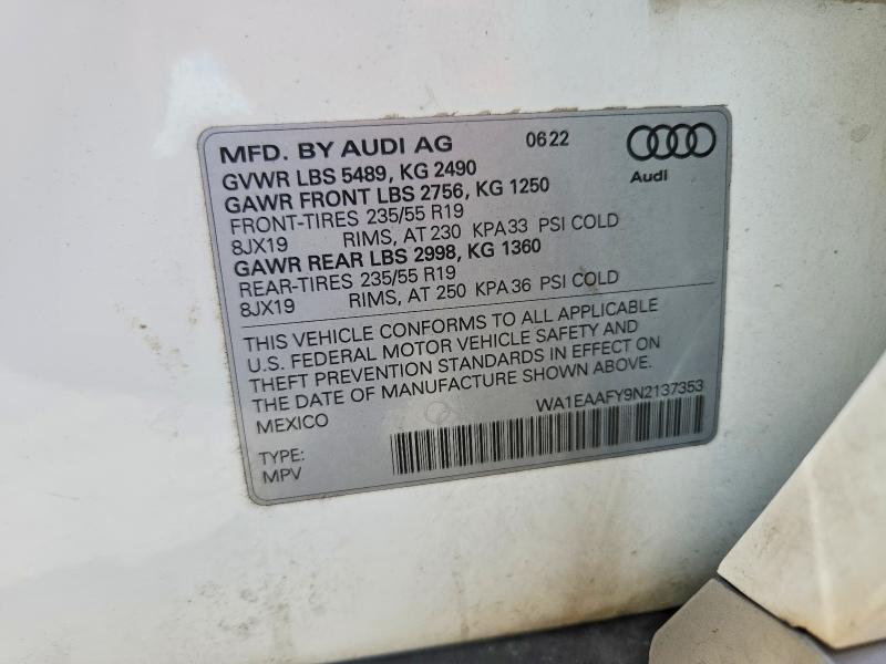 60030576 :رقم المزاد ، WA1EAAFY9N2137353 vin ، 2022 Audi Q5 مزاد بيع