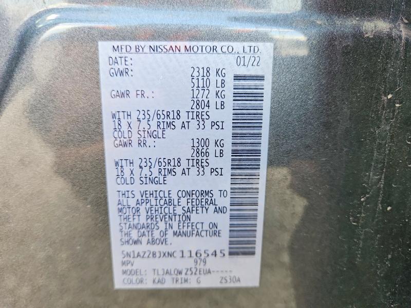 60599956 :رقم المزاد ، 5N1AZ2BJXNC116545 vin ، 2022 Nissan Murano مزاد بيع