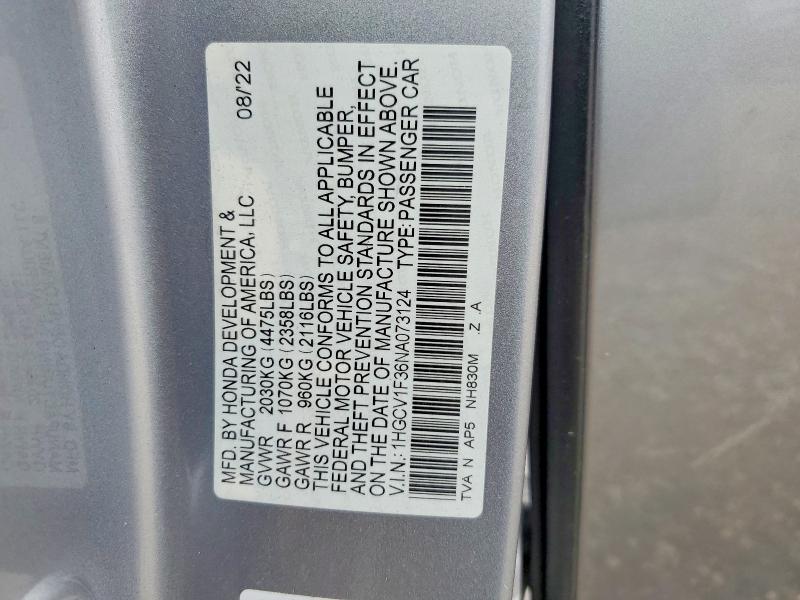 Продажа на аукционе авто 2022 Honda Accord, vin: 1HGCV1F36NA073124, номер лота: 61719916