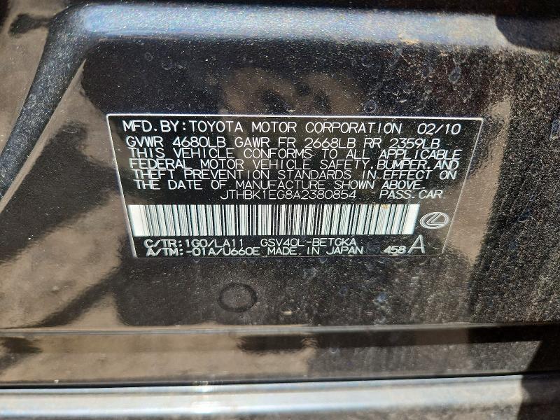 63348296 :رقم المزاد ، JTHBK1EG8A2380854 vin ، 2010 Lexus Es مزاد بيع