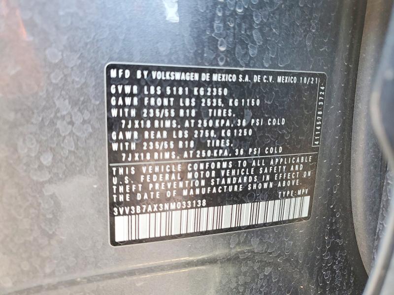 Aukcja sprzedaży 2022 Volkswagen Tiguan, vin: 3VV3B7AX3NM033138, numer aukcji: 59974556