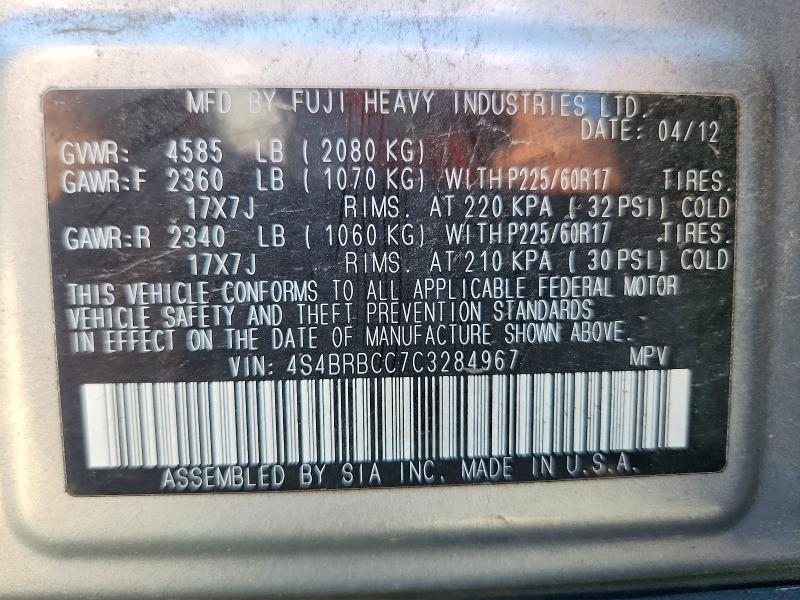 59543736 :رقم المزاد ، 4S4BRBCC7C3284967 vin ، 2012 Subaru Outback مزاد بيع
