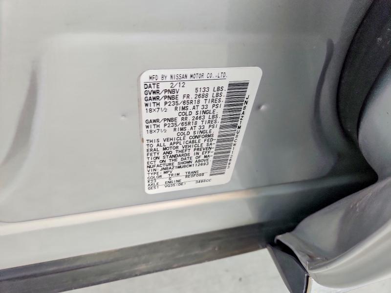 2012 Nissan Murano მანქანა იყიდება აუქციონზე, vin: JN8AZ1MU8CW112693, აუქციონის ნომერი: 60521956