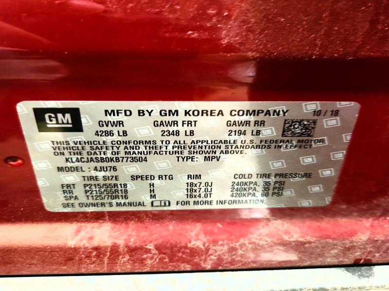 2019 Buick Encore მანქანა იყიდება აუქციონზე, vin: KL4CJASB0KB773504, აუქციონის ნომერი: 62206406